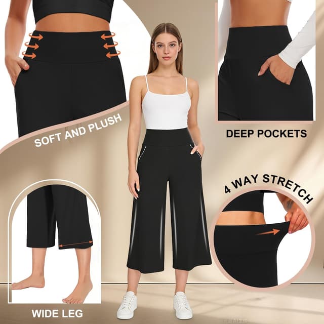 Detalle de FULLSOFT 3-Pack Women’s Wide-Leg Yoga Pants (High Waisted, Deep Pockets)