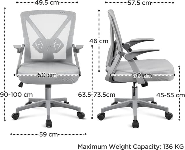 Detalle de Yaheetech sedia da ufficio ergonomica con braccioli reversibili e schienale in rete, supporto lombare regolabile, grigia