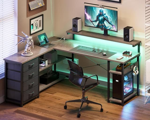 Detalle 2 de ODK Scrivania ad angolo reversibile con 2 prese, 2 porte USB e LED (Quercia Grigia) 155x110 cm