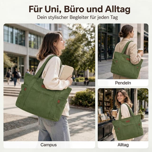 Detalle de Captain Blues women’s corduroy tote bag with zip – large laptop compartment work & school bag