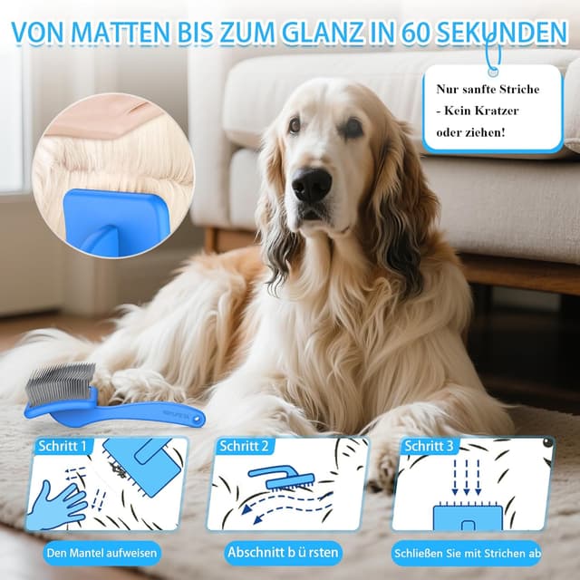 Detalle de YOYUPETA Zupfbürste & Hundebürste für langes Fell (25 mm Pins) mit Etui – Profi-Fellkamm für Unterwolle, Knoten & Filz in Blau