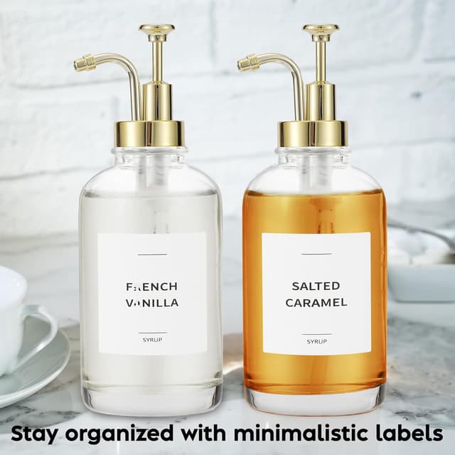 Detalle 2 de Spaceneat Coffee Syrup Dispenser with Pump (Glass) – 500 ml bottles, gold set with labels