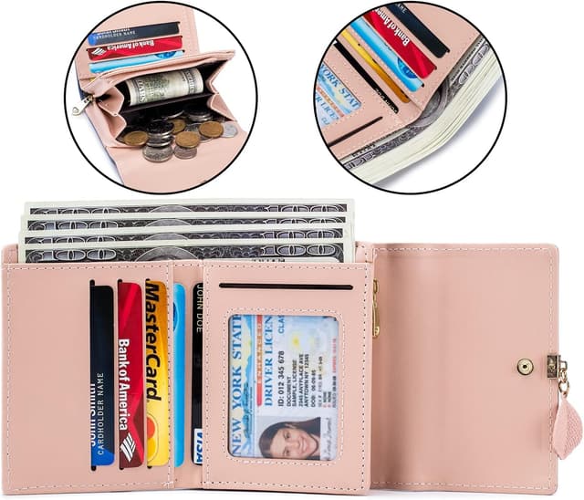Detalle de Roulens Ladies Purse RFID Blocking PU Leather Wallet with Zipper Coin Purse & Leaf Pendant