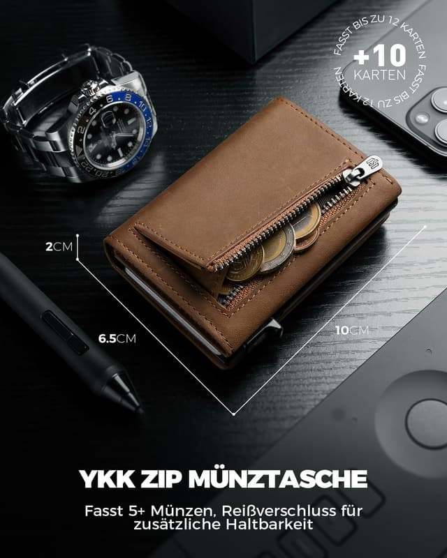 Detalle de DODENSHA MagSnap Portmonee Herren Slim-Wallet mit Münzfach, RFID-Schutz und Magnetverschluss (Vintage Braun) – für 10+ Karten