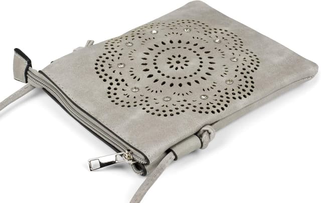 Detalle de styleBREAKER Mini sac à bandoulière pour femme avec motif découpé au laser et strass, pochette pour téléphone portable