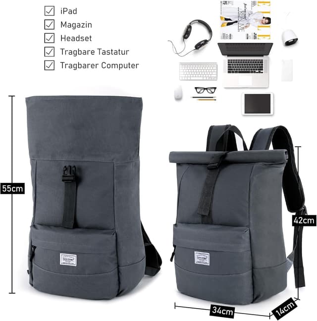 Detalle de CALIYO Rolltop Rucksack Damen groß – Laptopfach, wasserdichter Rolltop und Stauraum für Schule, Studium & Reisen