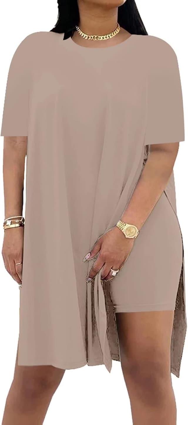 Detalle 2 de AXOSY Women Plus Size 2-Piece Short-Sleeve Tunic Top & Skinny Biker Shorts Set