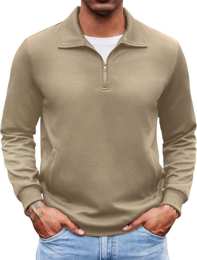 Detalle de COOFANDY Polo homme manches longues en tricot avec fermeture éclair