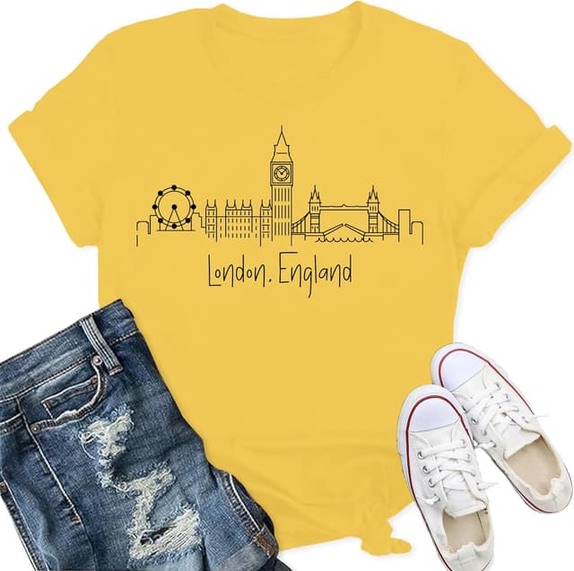 Detalle de Qskall Women’s London England T‑Shirt with London Skyline Print (Crew Neck)