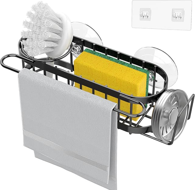 Detalle de Cisily Kitchen Sink Caddy Sponge Holder in the Sink (Stainless Steel) — Suction & Adhesive Mounting Organizer