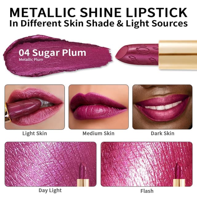 Detalle de OULAC Metallic Glanz Finish Lippenstift 04 Sugar Plum (Pflaume Glitzer) – vegan, 4,3 g