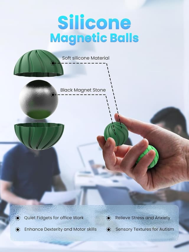 Detalle de Lot de 8 balles magnétiques UZAHSK en silicone anti-stress (géométrique, vert) pour apaiser le stress et aider à la concentration
