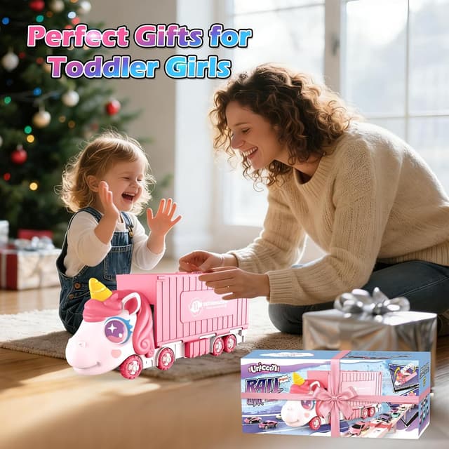 Detalle de RUIDYA Unicorn Transport Truck Toy with Foldable 160cm Race Track and 6 Die-Cast Cars