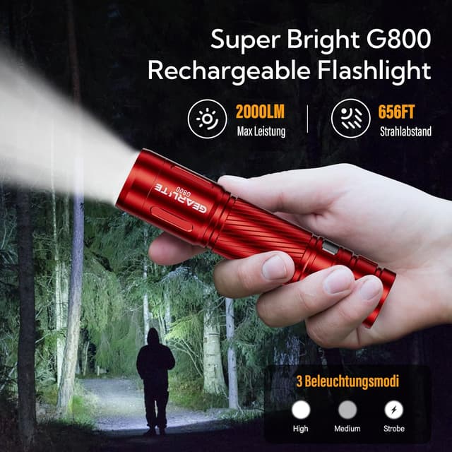 Detalle de GEARLITE G800 Mini LED-Taschenlampe mit Akku, 2000 Lumen, zoombar, 3 Modi, IP65 (rot)
