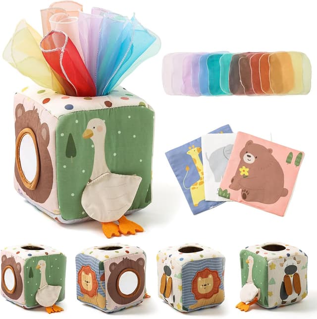Detalle de WOODEN TEETHER Tissue Box Montessori Motorikspielzeug mit Spiegel – Sensorik-Lernspiel für Babys (ca. 6–12 Monate)
