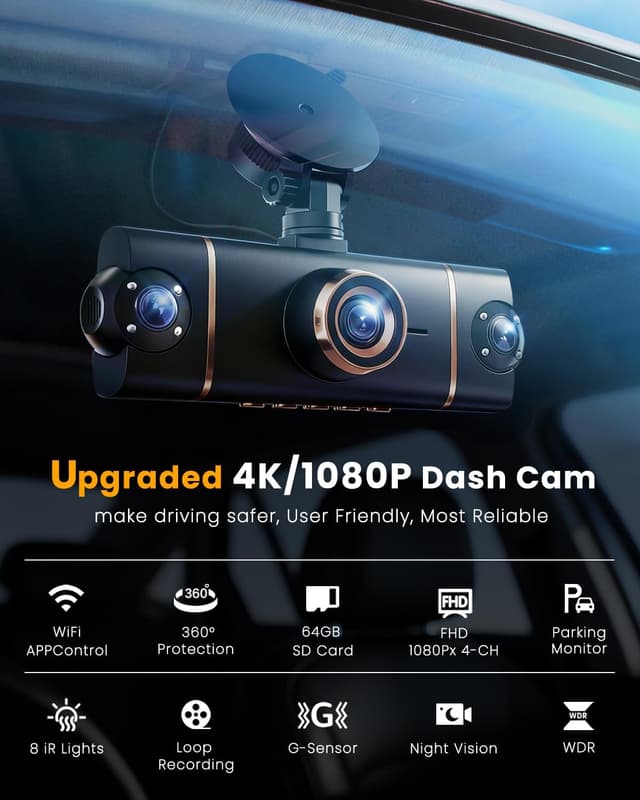 Detalle de 4 Channel Dash Cam (4K Front + 3×1080P) with 5G WiFi, GPS, GPS/G-Sensor, 24H Parking Mode and 64GB Card Included