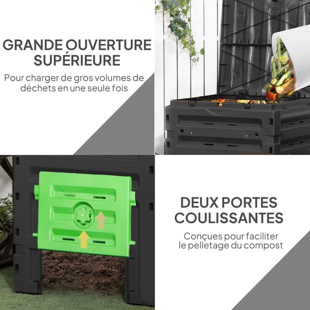 Detalle de Outsunny Composteur de jardin 450 L en polypropylène noir – 80 aérations et 2 portes coulissantes
