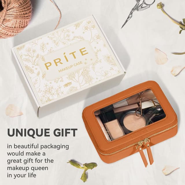 Detalle 2 de Prite clear makeup bag with gift box – waterproof travel toiletry case with double zippers (Brown)