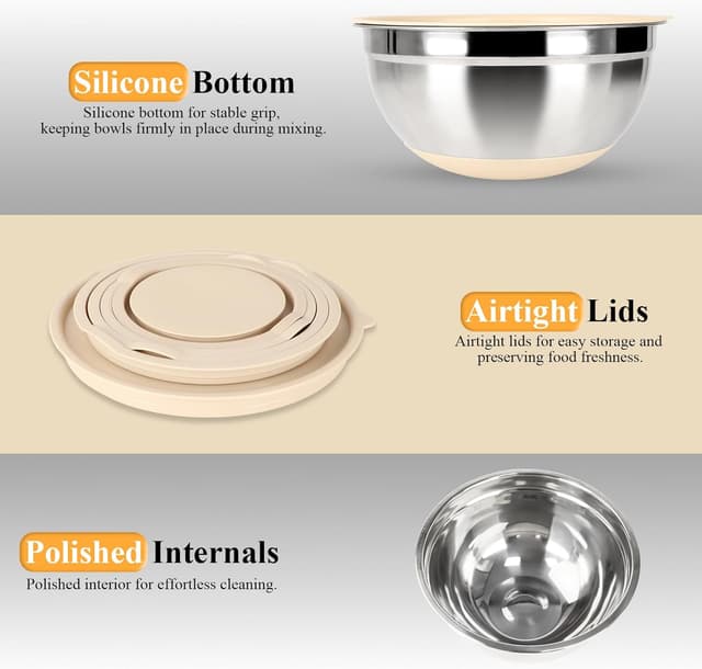 Detalle de ENVTEK Mixing Bowls with Airtight Lids Set (20-Piece) with Stainless Steel Bowls, Grater Attachments & Non-Slip Bases