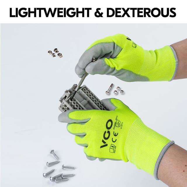 Detalle de Vgo PU2103 15 Pairs PU-coated safety work gloves (latex free), Size XL, fluorescent yellow