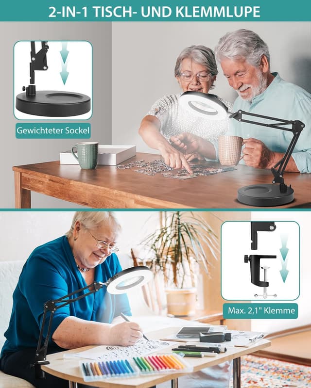 Detalle de Coteck 12X Lupe mit Licht und Ständer – 2-in-1 LED-Schreibtischlampe mit Klemme, stufenlos dimmbar