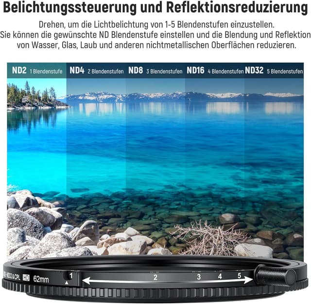 Detalle 2 de NEEWER 62mm True Colors variabler ND2–ND32 & CPL Hybridfilter (ND/CPL, Aluminiumrahmen)