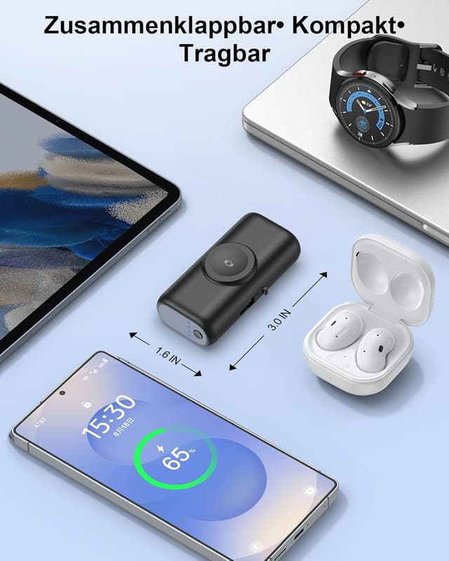 Detalle de Mini Powerbank für Samsung & Galaxy Watch (5000 mAh, 3-in-1) – kompakter Notstrom mit Schnellladefunktion