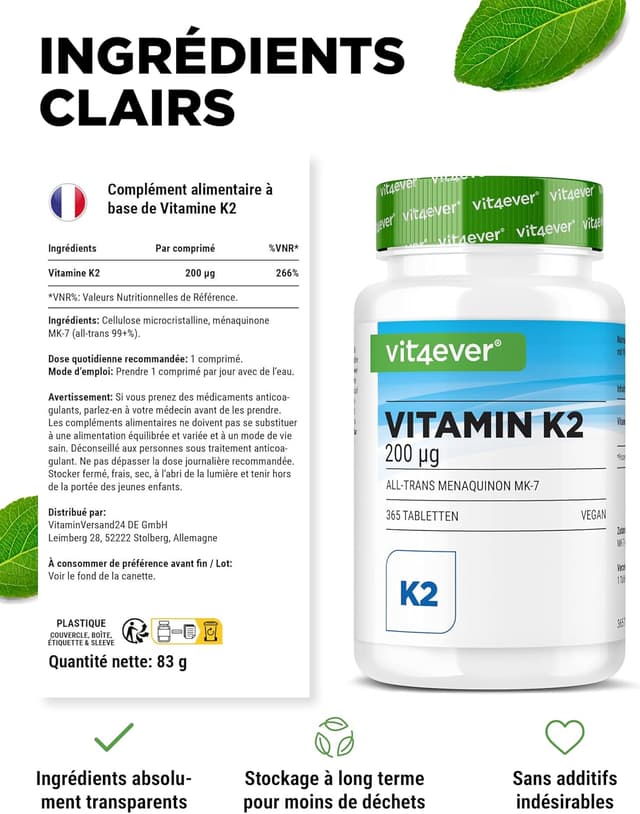 Thumbnail 4 de Vit4ever Vitamine K2 MK7-365 – 200 µg de vitamine K2 (MK-7) par comprimé, 365 comprimés, végane