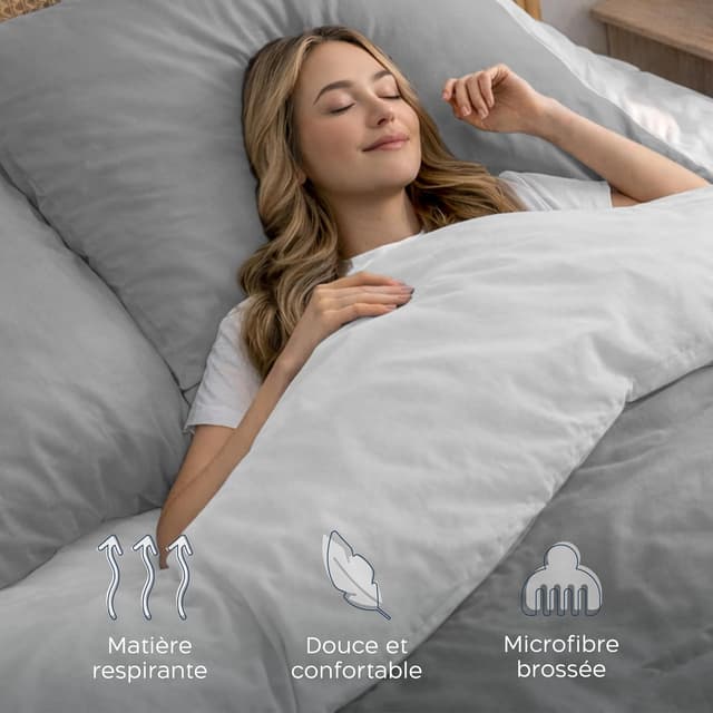 Detalle de Twinzen Parure de lit 220x240 réversible en microfibre grise claire/blanc avec 2 taies 65x65