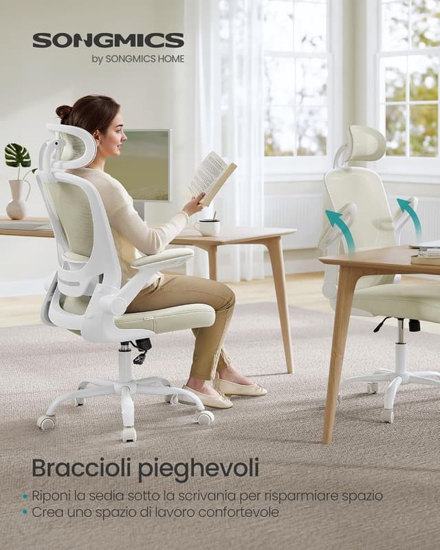Detalle de SONGMICS Sedia da Ufficio Girevole in Rete con Supporto Lombare e Poggiatesta OBN047K01, Beige Cappuccino
