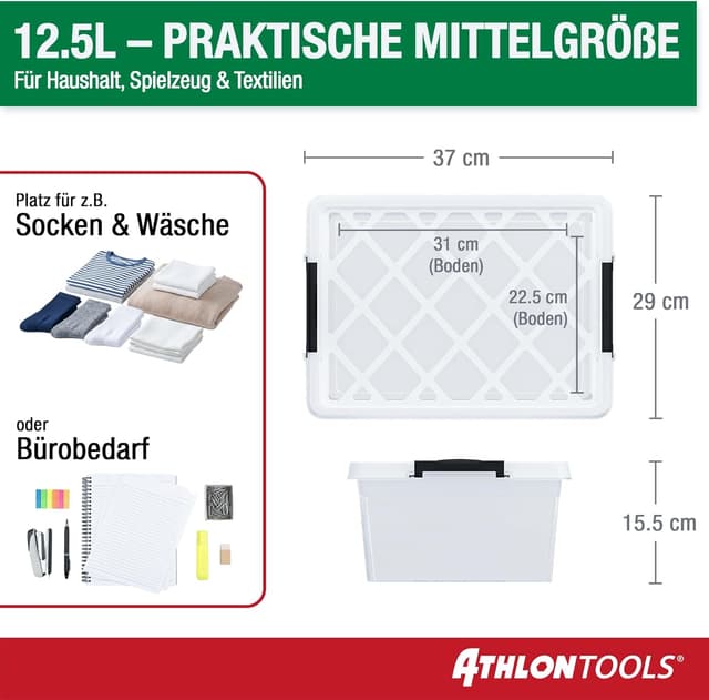 Detalle de ATHLON TOOLS 4x 12,5 L Aufbewahrungsboxen mit Deckel (transparent, lebensmittelecht, stapelbar)