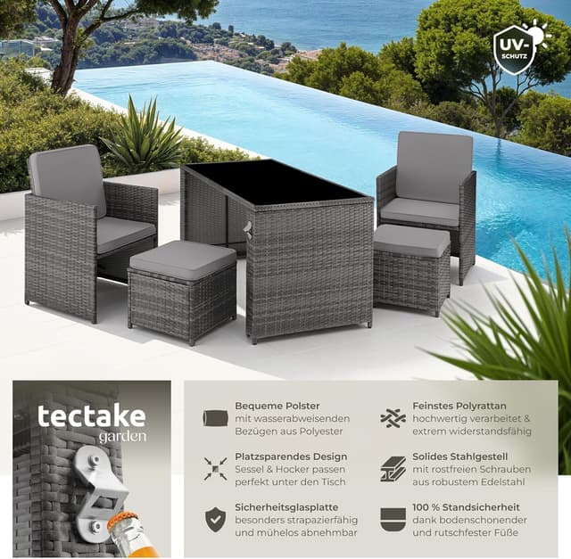 Detalle 2 de tectake Poly Rattan Sitzgruppe 5-teilig (bis zu 4 Personen) mit Tisch, 2 Sesseln & Hocker – grau