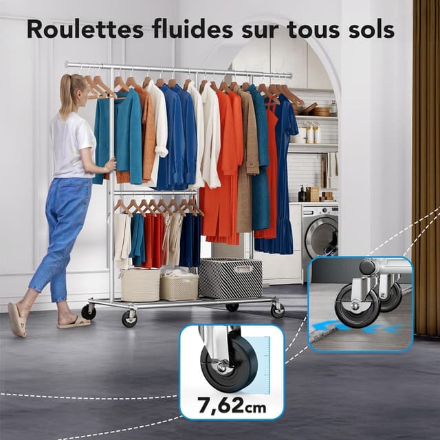 Detalle de HOKEEPER porte-vêtements sur roulettes à 2 niveaux, structure chromée argent (charge 150 kg)