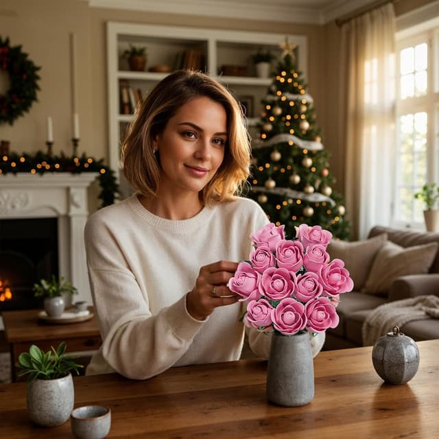 Detalle de XGSHJ Pink Rose Bouquet Building Set (12-Piece Botanical Collection) for Easter Baskets