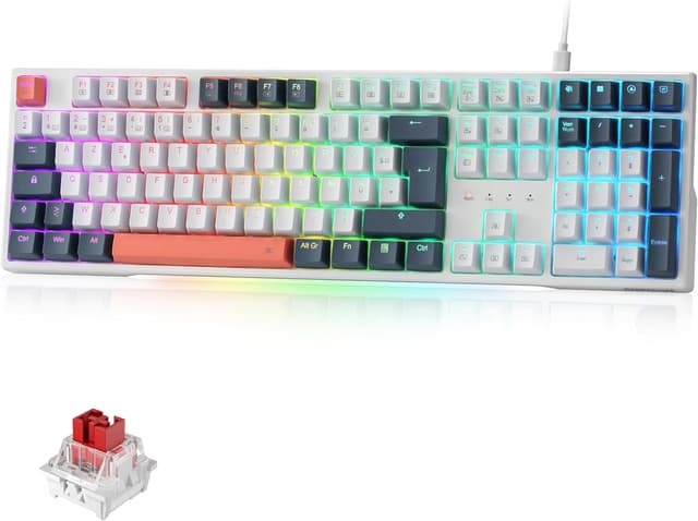 Detalle de Redragon K668 clavier gaming mécanique filaire AZERTY 105+4, RGB et interrupteurs rouges remplaçables à chaud