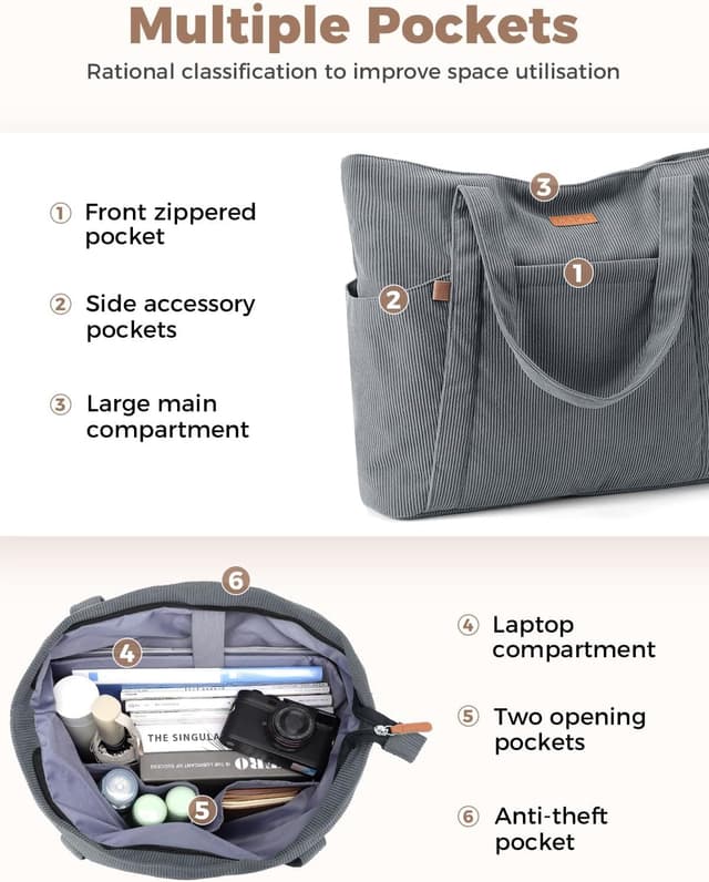 Detalle de Lekespring Large Capacity Corduroy Laptop Tote Bag for Women (42 x 12 x 34 cm)