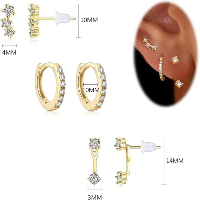 Detalle de BVLAGIDA – Set de 3 paires de boucles d’oreilles femme plaqué or 14 carats, créoles et clous zirconium (hypoallergéniques)