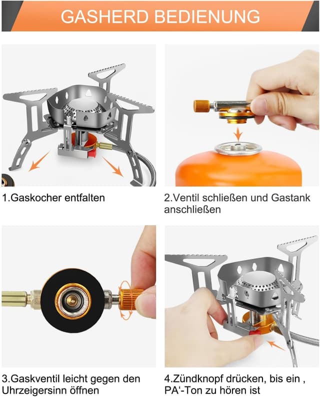 Detalle de AUTOPkio Campingkocher 3500 W – winddichter Gaskocher mit Piezozündung, faltbar