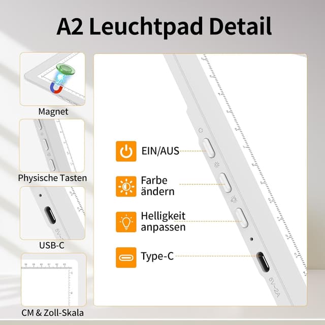 Detalle 2 de TOHETO A2 Leuchttisch für Diamantmalerei (64 × 46,6 cm) – kabellose Lichtbox mit Magneten und Akku
