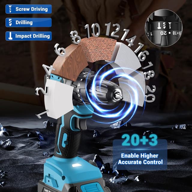 Detalle de LEEIKOO 21V Brushless Cordless Hammer Drill/Driver with 2 x 2.0Ah Batteries, 45N.m Combi Mode