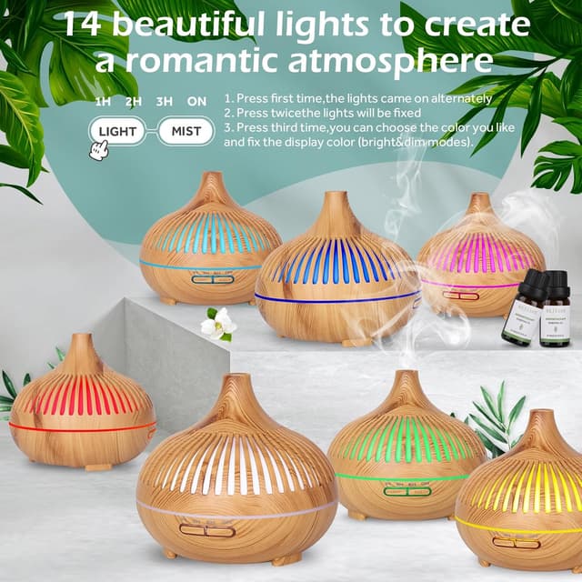 Detalle 2 de GeeRic Diffuseur d’huiles essentielles 500 ml avec 8 huiles (10 ml) et humidificateur à ultrasons