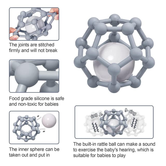Thumbnail 6 de MCGMITT Baby-Beißring mit Rassel-Ball aus Silikon (grau) für Babys 3–12 Monate