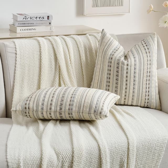 Detalle de Ystyle housse de coussin 60x60 (lot de 2) en chenille à rayures champêtres gris/blanc