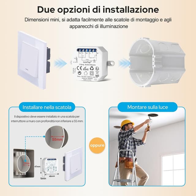 Detalle de LoraTap Interruttore WiFi Alexa con timer e relè (2 pezzi) per controllo in parallelo dello switch