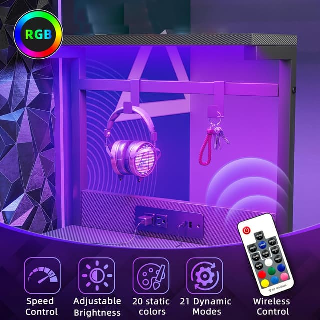 Detalle 2 de BEXEVUE LED Computer Desk with Power Outlets (120x50cm) – reversible gaming workstation with drawer, side shelf and hooks