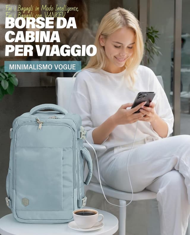 Detalle de VANKEV Zaino Ryanair 40x20x25 20L con porta PC fino a 14 pollici (azzurro)
