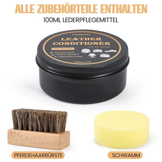 Detalle 2 de cenozo Lederpflege mit Rosshaarbürste, farblos, 100 ml – wasserabweisende Lederpolitur