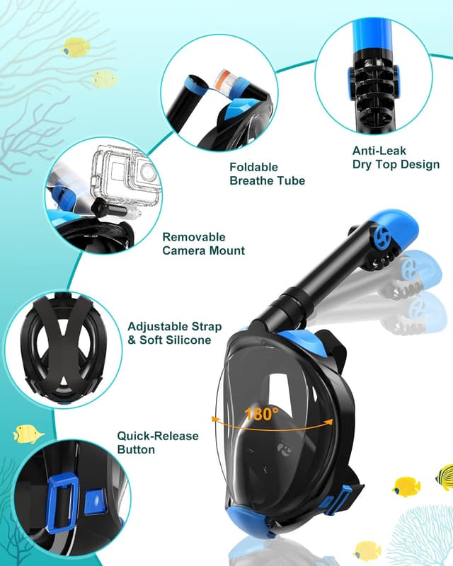 Detalle de Viginsul Mask Fins Snorkeling Gear Set for Adults with Full Face Snorkel Mask, Dry Top and Adjustable Swim Fins