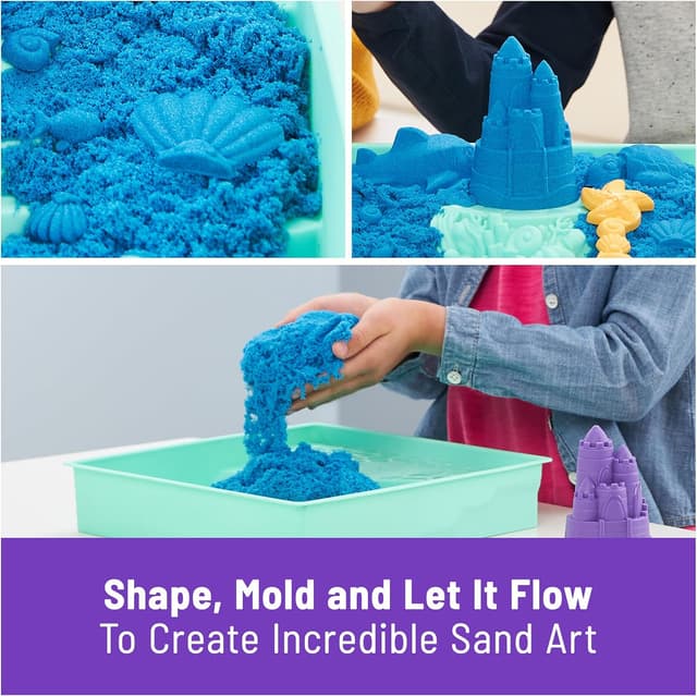 Detalle de Kinetic Sand Sandbox Set (1lb Blue Play Sand) with 4 Tools & Molds, Storage Bin — Sensory Play for Kids 3+