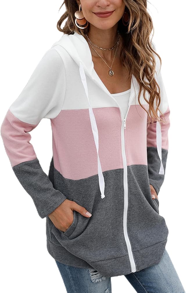 Thumbnail 6 de iChunhua Ladies Zip Up Long Sleeve Hoodies with Pockets – lightweight triple colour block zip hoodie